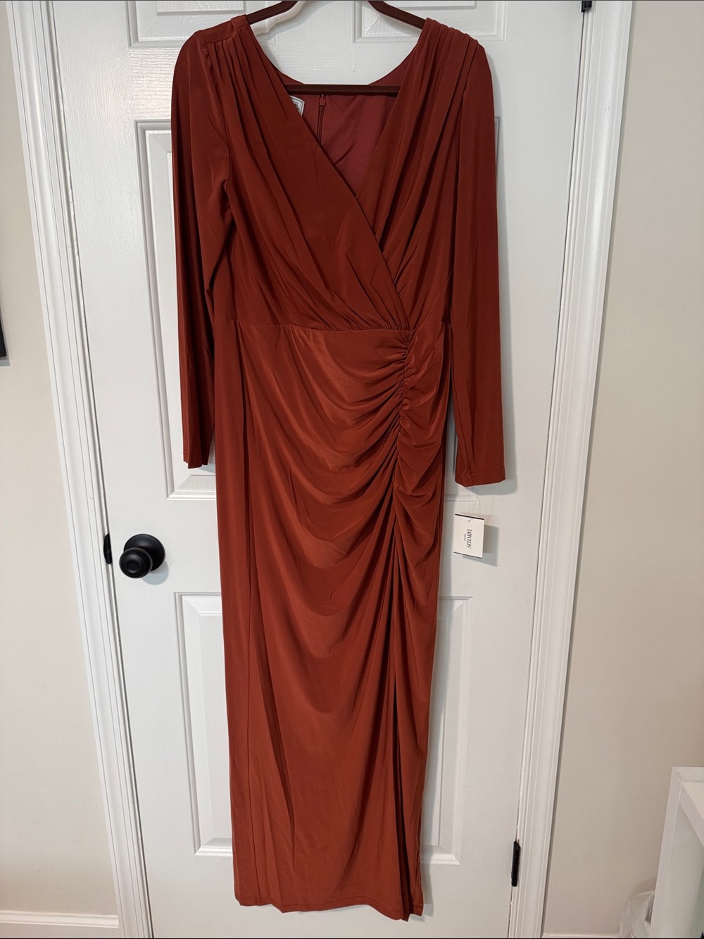 David's Bridal Rust Long-Sleeve Ruched Wrap Maxi Dress